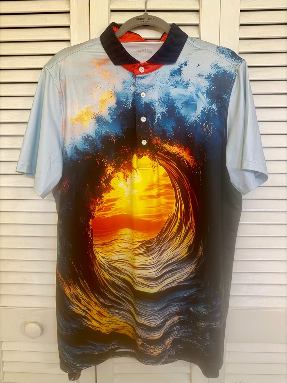Men's Graphic Polo Shirt - Sunset Wave Print in Blue & Orange